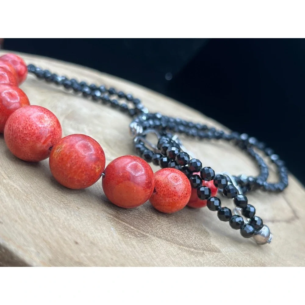 Jay King Desert Rose Trading Orange‎ Sponge Coral Black Spinel bead necklace 925